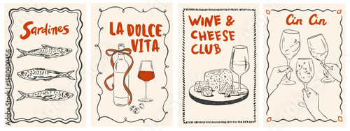 Hand drawn crayon food illustration. La Dolce vita sketch lunch or dinner, mediterranean. Picnic in french or italian style. Vector chalk charcoal style drawing for for invitations, menus, parties