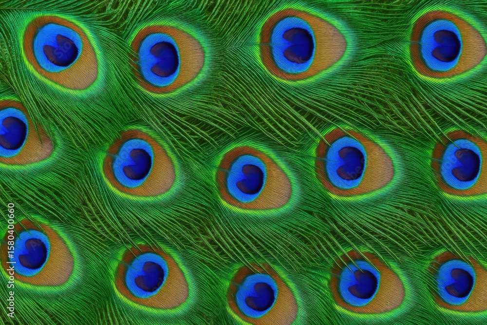 Obraz premium Vividly colored peacock feather close-up showcasing intricate textures and eye-like patterns