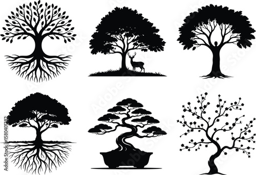 Vector tree silhouette set with pine, willow, palm, bonsai, and unique tree icons for nature and landscape illustration