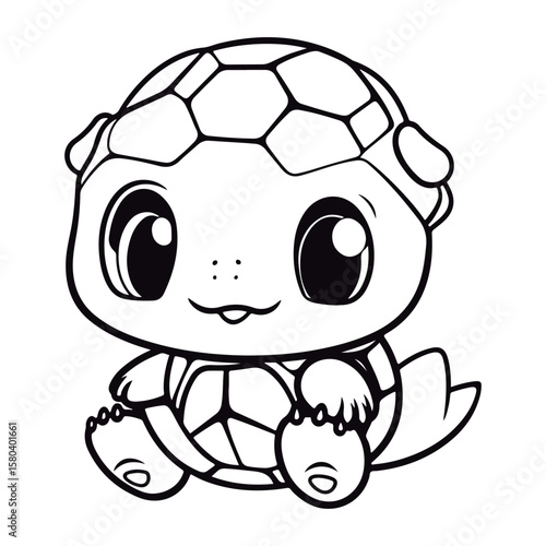 A black and white drawing of a baby Tortoise kawai coloring page illustration.