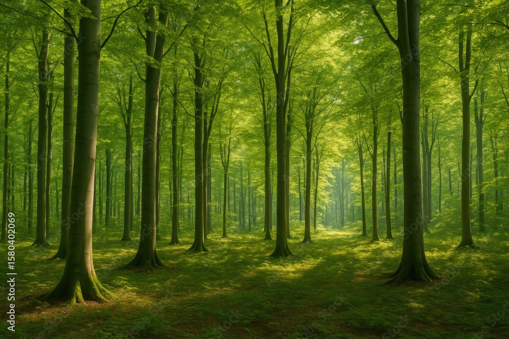 Fototapeta premium Ancient beech woodland with sunlit gaps in the background