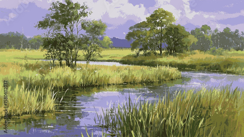 Reed & Water: Marsh landscape view isolated watercolor vector illustration svg
