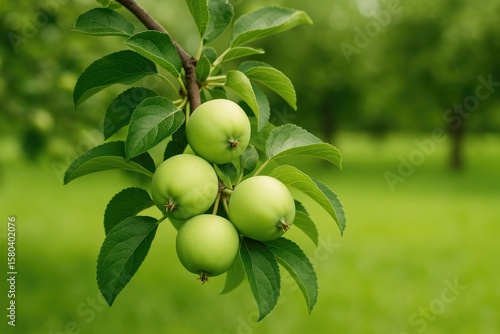 Fresh green fruits hanging from a tree branch during summer in a garden