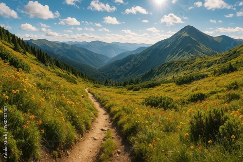 Fototapeta Naklejka Na Ścianę i Meble -  Hiking Path Amidst Pristine Wilderness and Beautiful Nature in Mountainous Regions During Summer