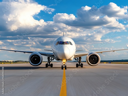 Airplane taxiing on serene airport runway during daytime
