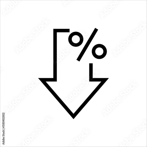 Downward arrow with percent sign symbolizing interest rate drop, discount, price cut, or decrease.
