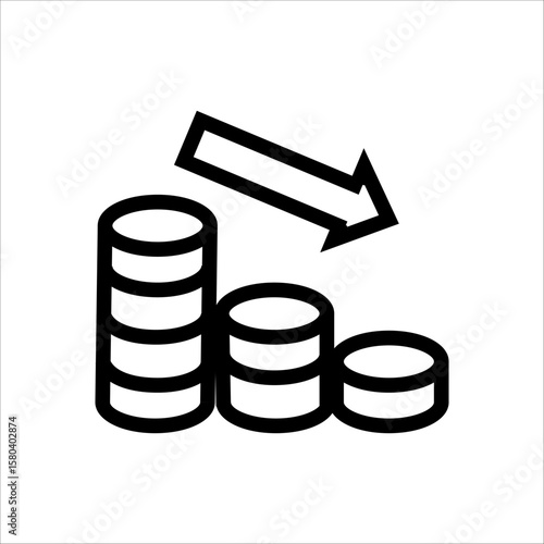 Coins with downward arrow representing financial loss, budget cut, or economic decline.