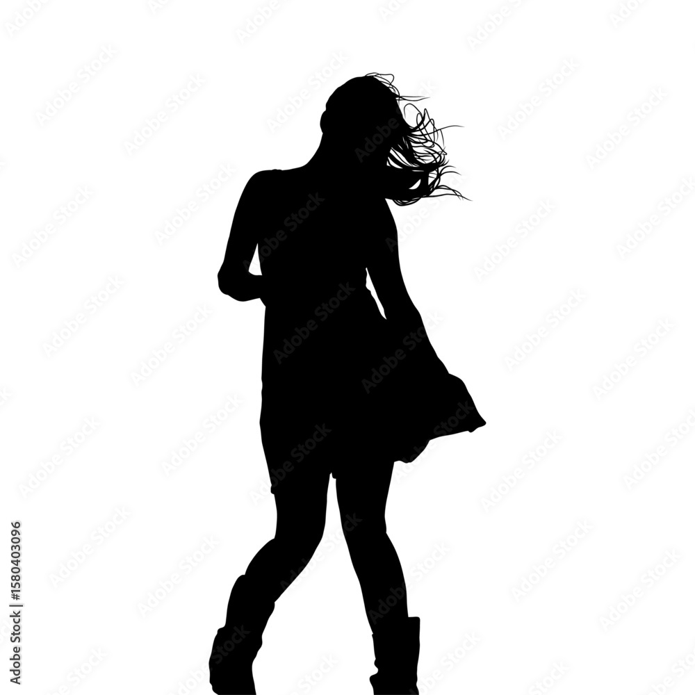 Fototapeta premium Silhouette of Young Woman Dancing in Dress with Windblown Hair