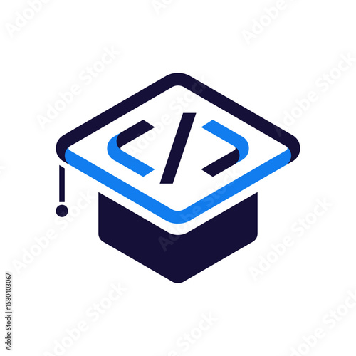 A blue and dark blue graduation cap with code brackets, symbolizing coding education and professional tech development