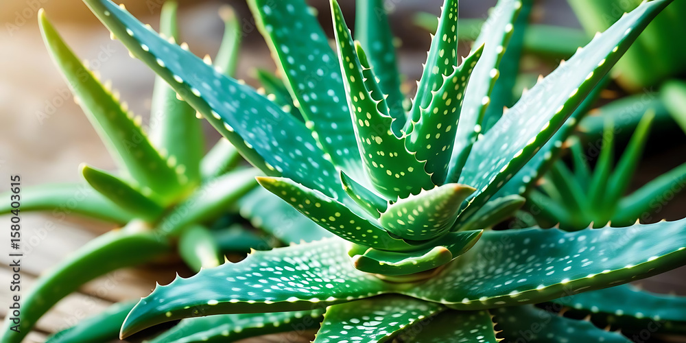 Green Aloe Vera Cluster with Spotted Leaves in Warm Light
Green Aloe Vera Cluster with Spotted Leaves in Warm Light