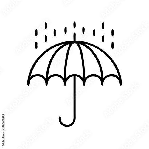 Umbrella icon with rain droplets in minimalist line art style  