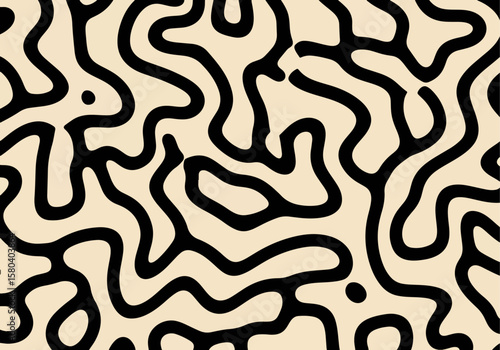 An intriguing abstract design showcasing organic black lines on a beige backdrop. Ideal for backgrounds, textiles, and artistic projects.