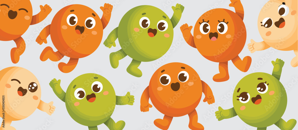 Obraz premium Cute Cartoon Orange and Green Circle Characters