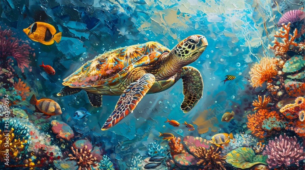 Fototapeta premium Turtle amid colorful fish, sea creatures, vibrant coral in ocean depths