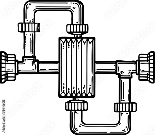Industrial heat exchanger system with metal pipes, valves and connectors mechanical engineering component illustration