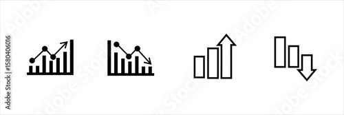 Rising and falling bar charts with arrows and line graphs in black icon style.