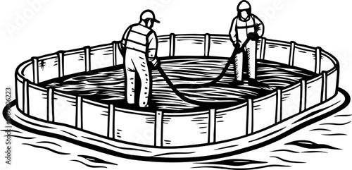 Aquaculture workers managing fish farming net in circular water tank aquatic agriculture, sustainable seafood cultivation