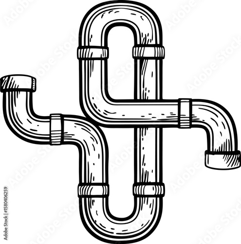 Curved industrial metal pipes system, plumbing network connection, hand drawn sketch illustration, engineering concept