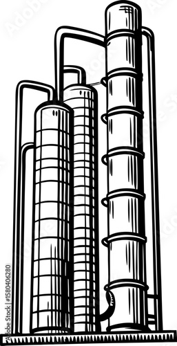 Industrial distillation columns, chemical plant equipment refinery process towers, manufacturing illustration