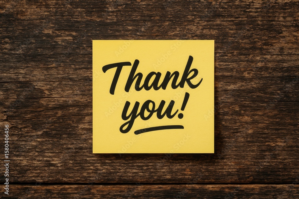 Obraz premium Thank you note on bright yellow paper with rustic wood backdrop