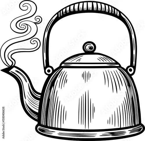 Hand drawn kettle with steam vintage metal teapot illustration, kitchen utensil, boiling water, antique cookware