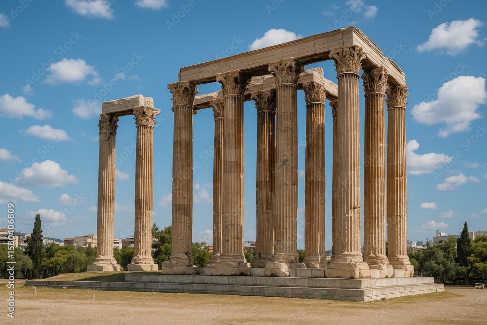 View of the ancient Greek temple from the west under a bright sky with scattered clouds, empty surroundings View of the ancient Greek temple from the west under a bright sky with scattered clouds, empty surroundings