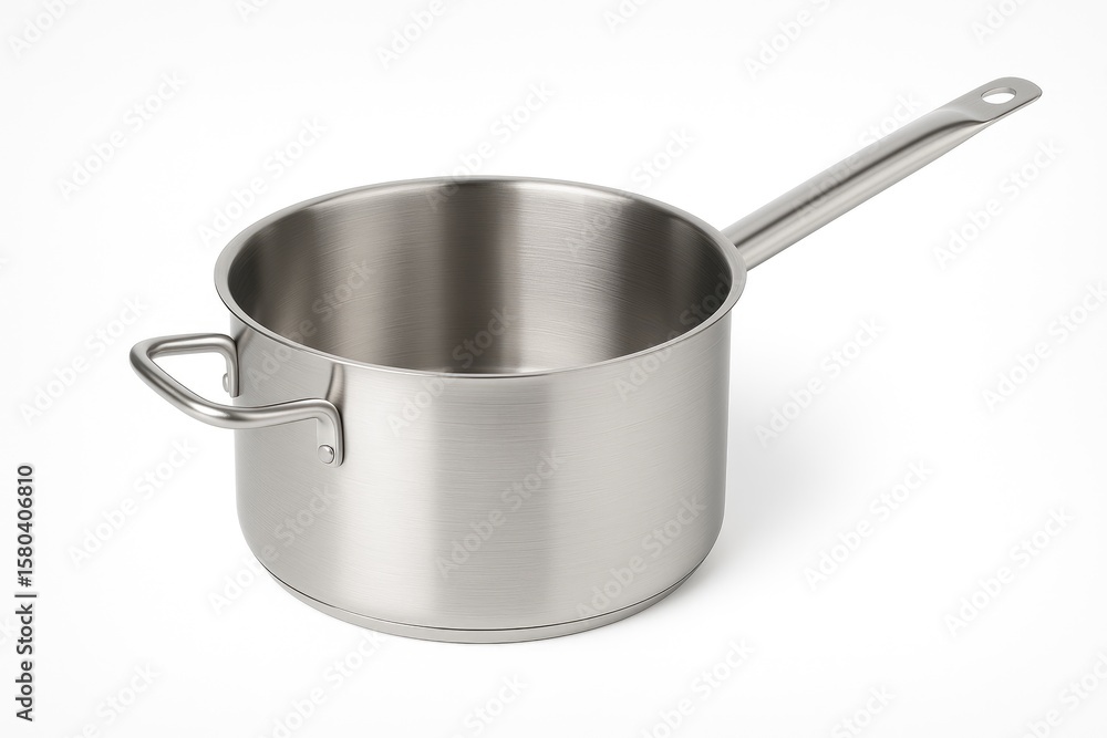 Metallic cooking pan made of stainless steel on plain white backdrop Metallic cooking pan made of stainless steel on plain white backdrop