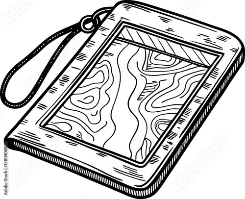 Travel document holder with transparent window hand drawn pouch for id, map, or card, secure zippered accessory