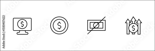 Online finance, digital coin, no cash, and income growth icons in minimal line style.
