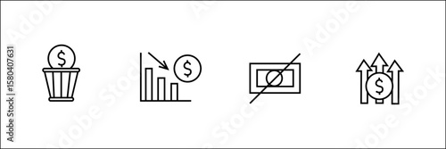 Money loss, decline chart, no cash, and financial growth icon in line style.
