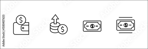 Wallet, income growth, cash payment, and money transaction icon in line style.