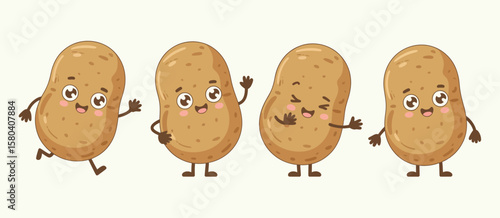 Four happy cartoon potatoes with arms and legs waving and smiling