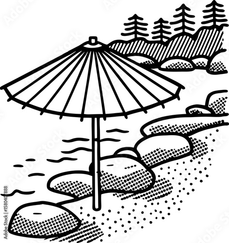 Beach umbrella on rocky shore with trees in summer waterside relaxation, tranquil outdoor landscape scene