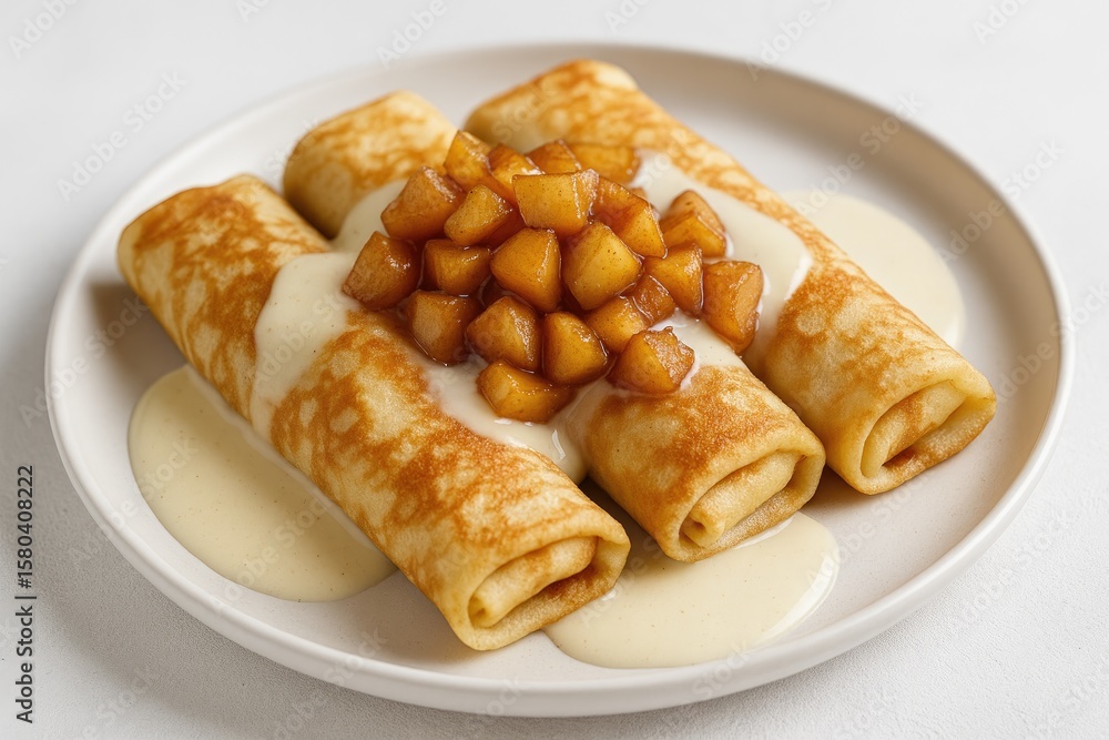 Sweet stuffed pancakes topped with caramel apples and creamy vanilla drizzle Sweet stuffed pancakes topped with caramel apples and creamy vanilla drizzle