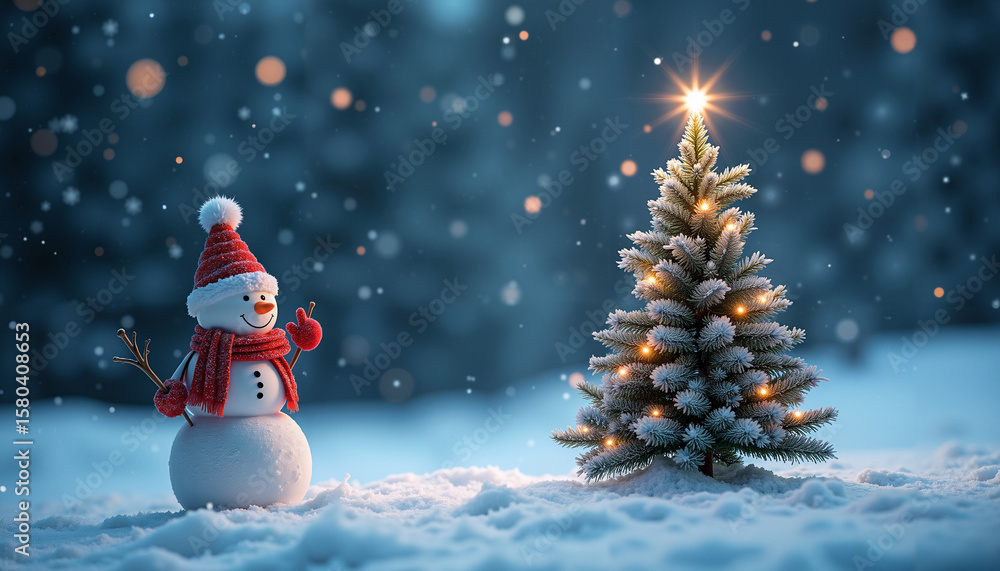 Obraz premium Snowman celebrating winter season beside decorated Christmas tree 