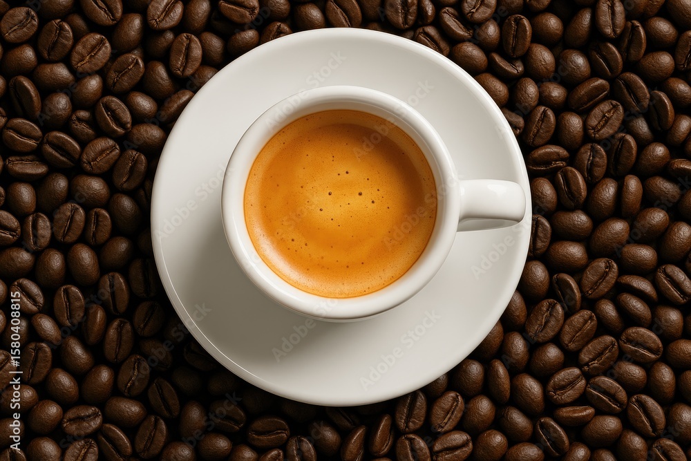 A top-down perspective of a tiny white espresso cup with frothy cream, resting on a saucer amidst a background of dark roasted coffee beans. A top-down perspective of a tiny white espresso cup with frothy cream, resting on a saucer amidst a background of dark roasted coffee beans.