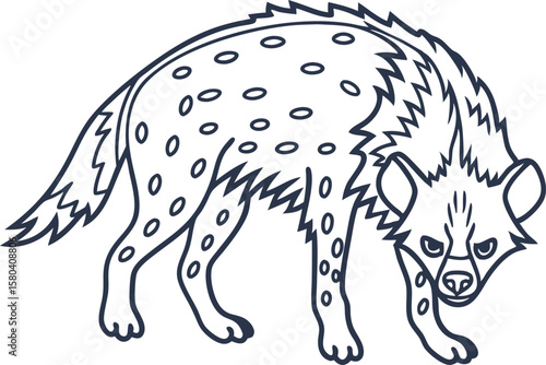 Hyena outline illustration wild animal side view, simple linear drawing with spots and jagged fur details