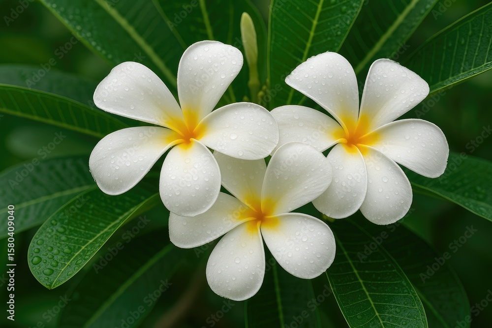 Fototapeta premium Stunning white frangipani blossoms glistening with morning dew
