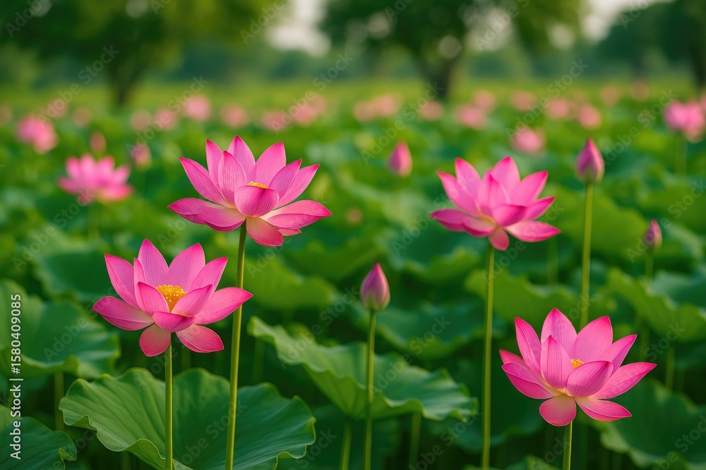 Fototapeta premium Blooming Vietnamese lotus flowers in a peaceful field