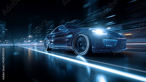 Car on Road at Night - Blue Wireframe Design