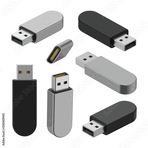 Collection of various usb flash drives and a usb c connector on white background