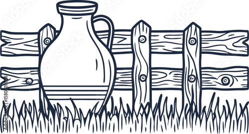 Rustic ceramic jug by wooden fence in tall grass countryside rural outdoor vintage decor illustration