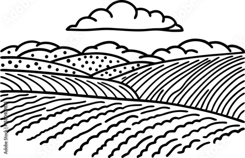 Rolling farmland hills landscape illustration with clouds agricultural field line art, countryside rural scene