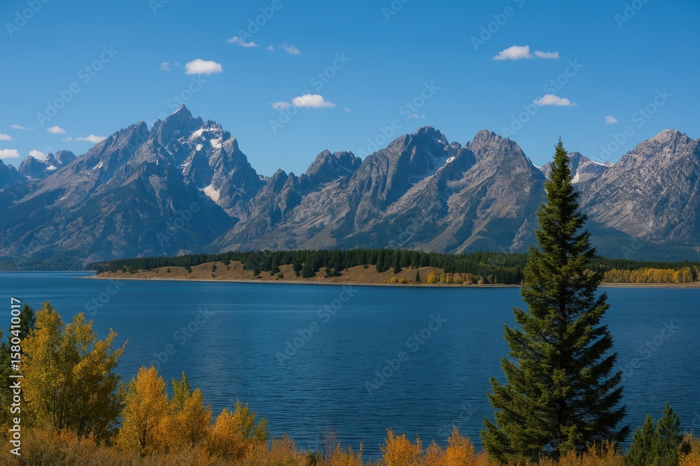 Scenic overlook of Jackson Lake with mountain backdrop Scenic overlook of Jackson Lake with mountain backdrop