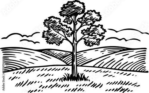 Lonely tree on grassy hill hand drawn landscape sketch, natural countryside scene with rolling hills and clouds