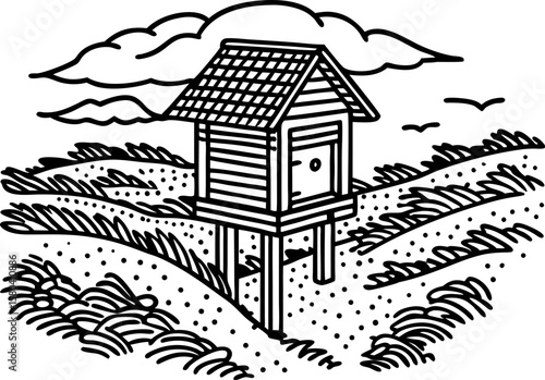 Wooden stilt hut in rural landscape elevated house with cloudy sky, mountains and grassy field, nature scene