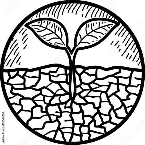 Young plant sprout with two leaves growing in dry cracked soil, symbolizing hope, climate change, and resilience