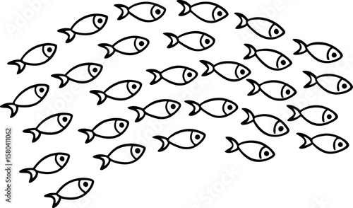 School of fish swimming together in synchronized formation, aquatic animals movement outline on white background