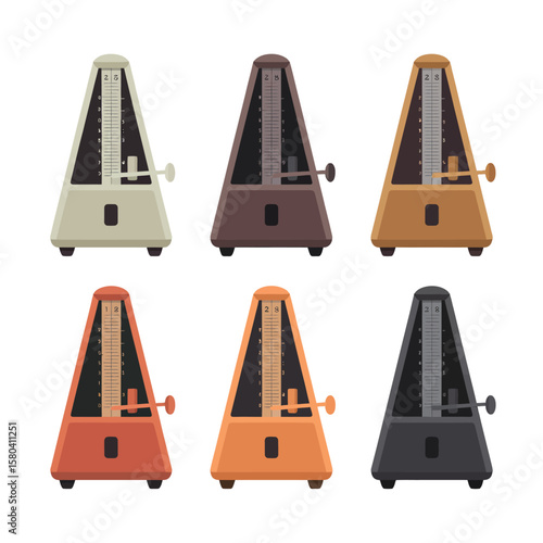 Collection of six colorful metronomes arranged in two rows on a white background
