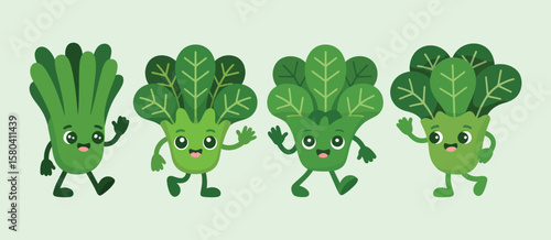 Four happy cartoon green vegetables with faces and arms waving